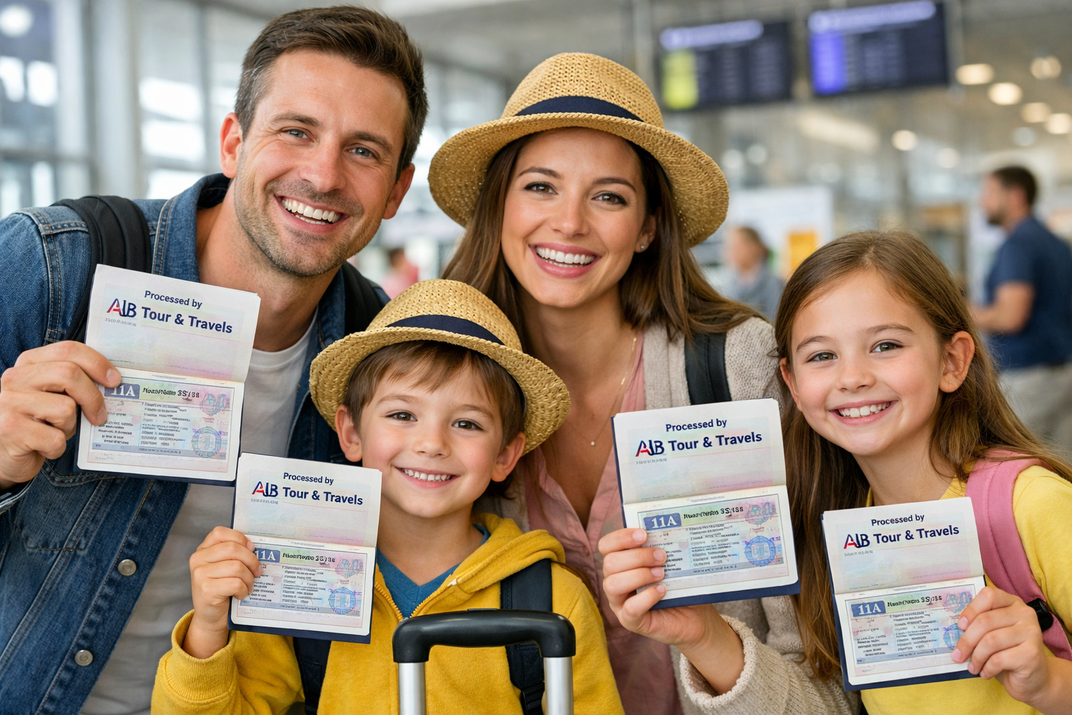 Happy family celebrating visa success with passports